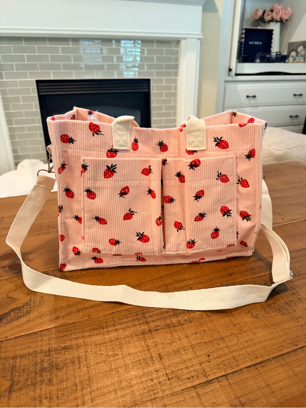 Pink Corduroy Strawberry Print Crossbody Tote with Canvas Strap